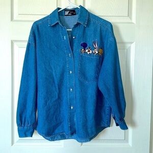 VTG 1992 Looney Tunes Top Line USA Mens Small Denim Button Up Shirt